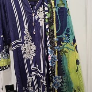 Floral Cottob Blue and Green Kurta With Floral Silk Dupatta